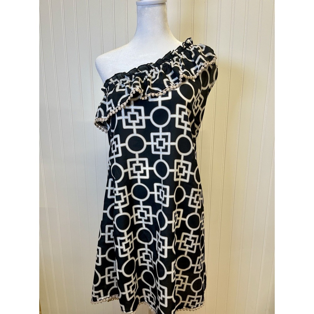 MUD PIE Dress Navy, White & Gold Geometric Print 1 SHOULDER Pom Pom Detail Sz Lg